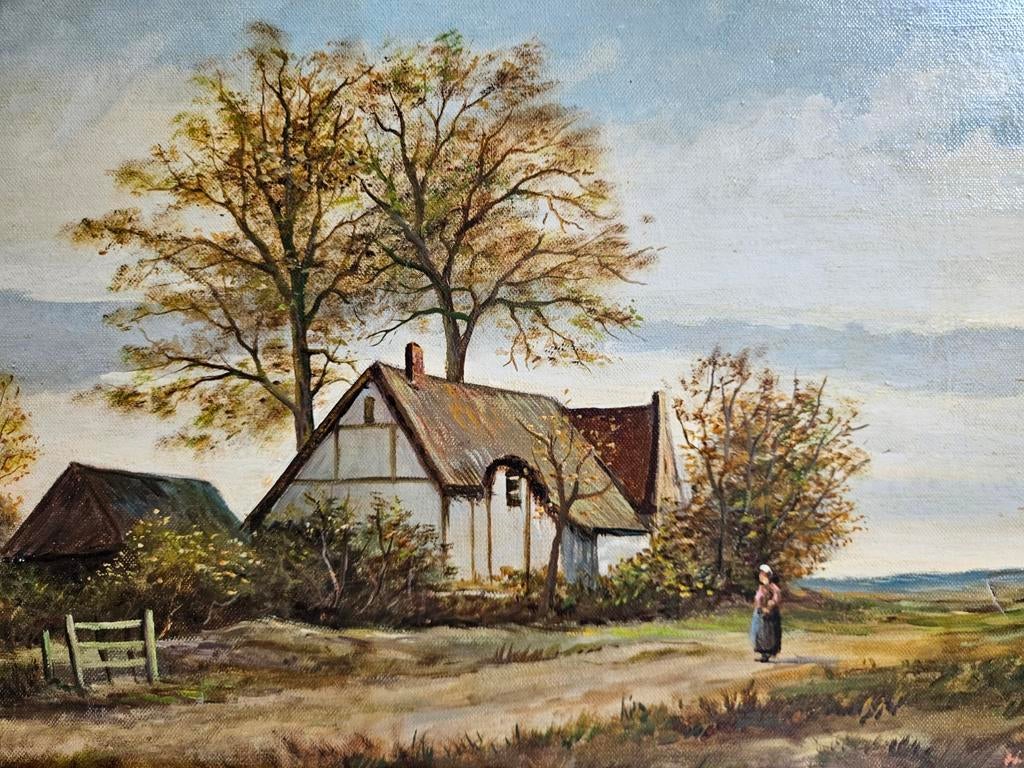 Schilderij Boerenhoeve Landschap Gesigneerd 67,5x42,5 cm, Ophalen of Verzenden