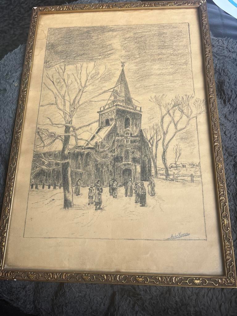 Tekening van kerk in winterlandschap, gesigneerd, Ophalen