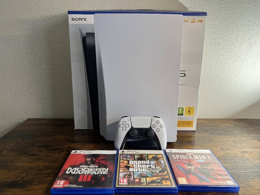 PlayStation 5 Disc + Controller + 5 Games | Topstaat + Doos, Ophalen of Verzenden, Zo goed als nieuw, Playstation 5
