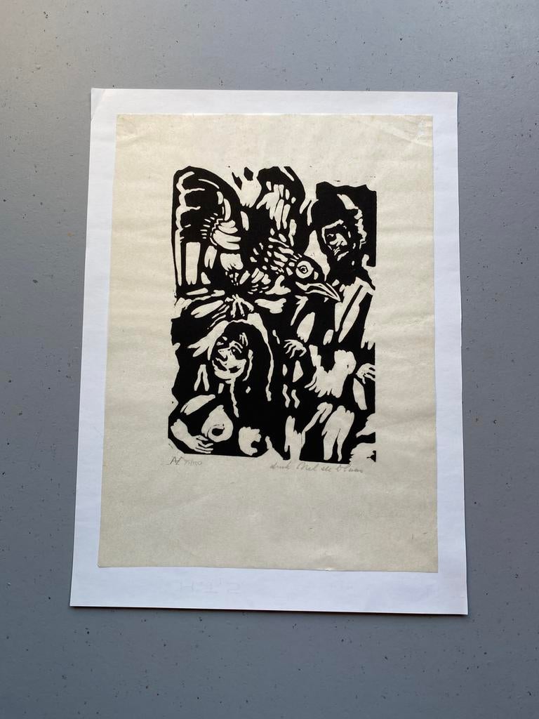 Aad de Haas – Vrouw, man & vogel – Houtsnede– 75/150 - 50x37, Ophalen