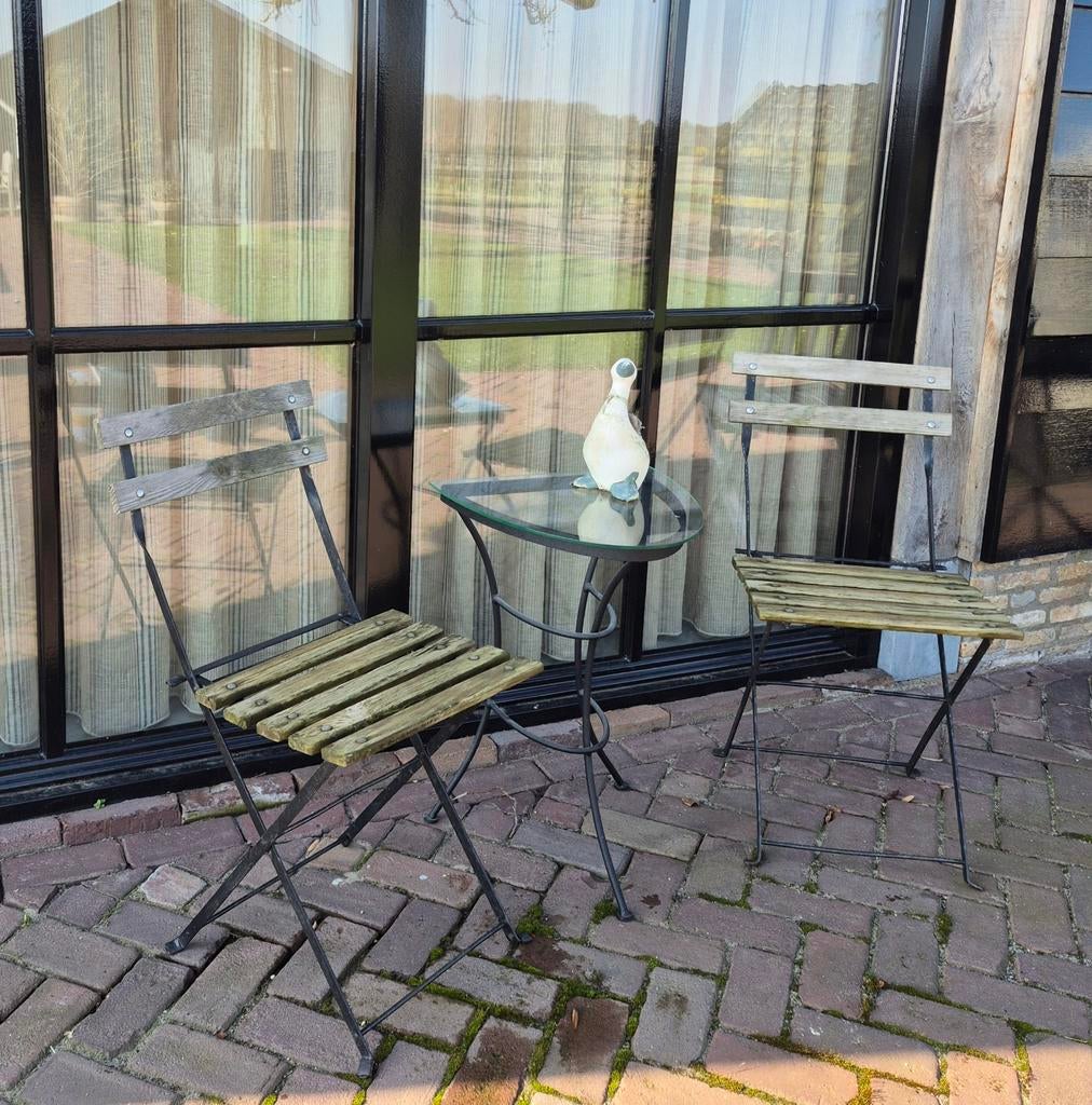 Frans Bistroset, balkonset 2 klapstoelen en tafeltje, Tuin en Terras, Tuinsets en Loungesets, Ophalen, Hout, 2 zitplaatsen