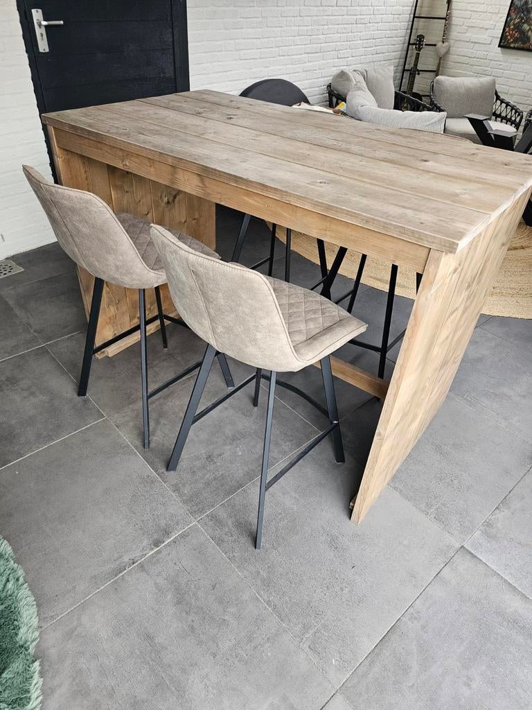 Steigerhouten tuintafel/bar met 4 bijpassende krukken, Ophalen, Gebruikt, Rechthoekig, Hout
