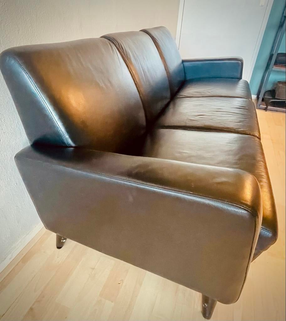 Zwarte driezitsbank van echt leer, Ophalen, Mid-century Modern, Gebruikt, 150 tot 200 cm