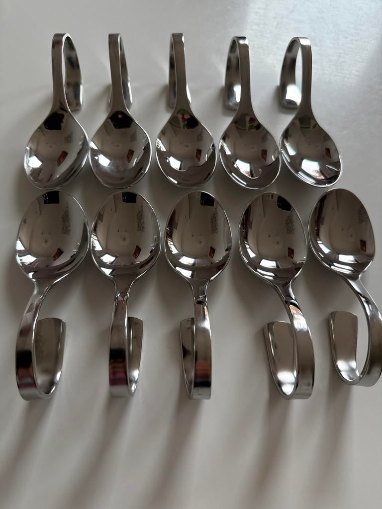 12 RVS amuse lepels – modern design, Gebruikt, Ophalen of Verzenden, Rvs of Chroom, Vaatwasserbestendig