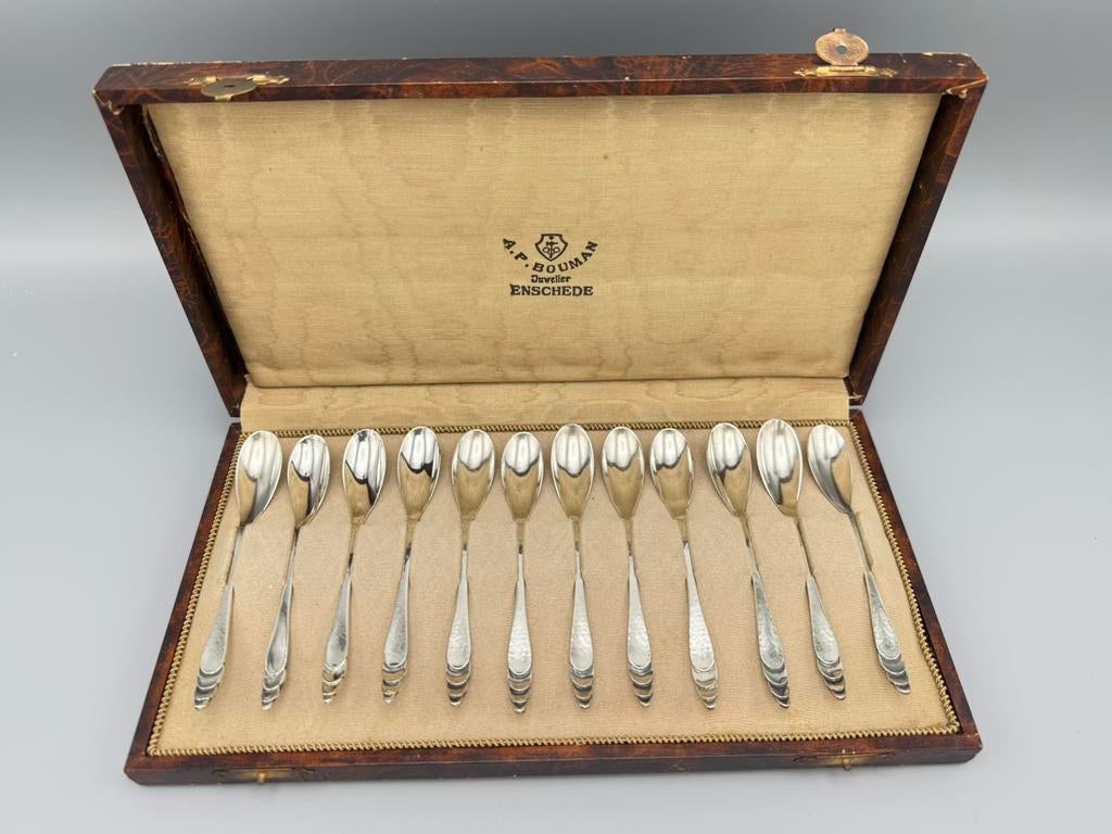 Etui met zilveren thee/koffielepels, Art Deco, Ophalen of Verzenden