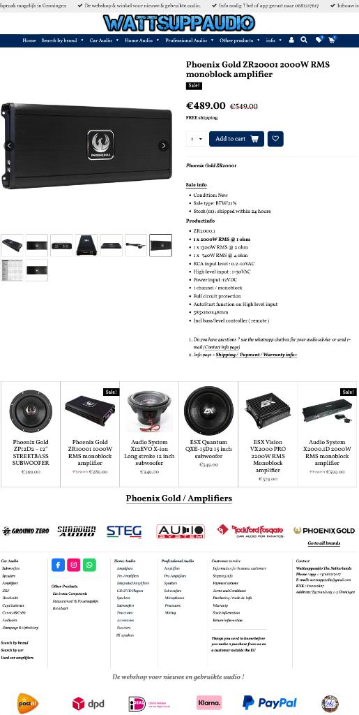 Phoenix Gold ZR20001 2000W RMS monoblok verterker, Hifi-Focus, Aalsmeerderweg 173 1432 CL, Aalsmeer, Nieuw, Ophalen of Verzenden