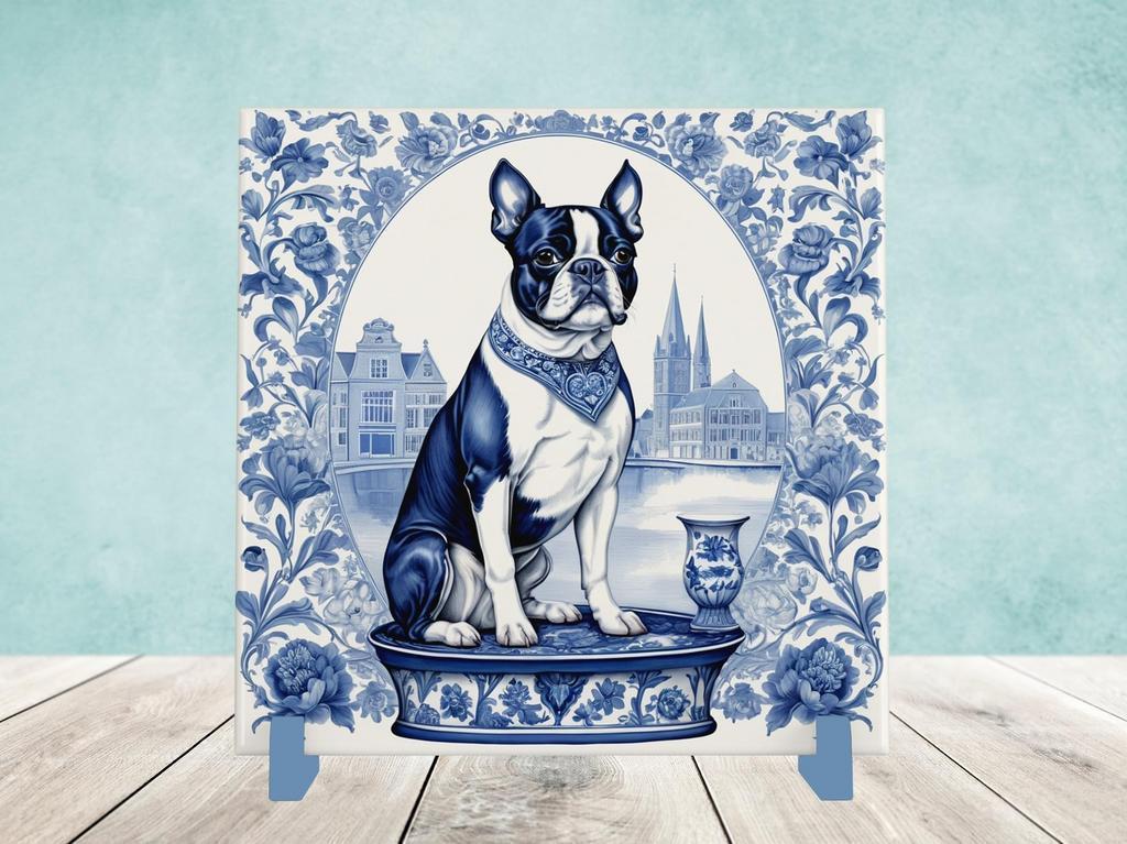 Boston Terriër Delfts Blauwe tegel incl houder, Ophalen of Verzenden, Nieuw