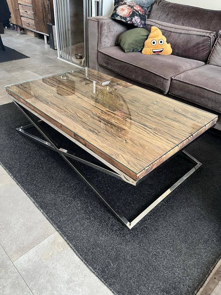 Ridgemond Salontafel met Glasplaat en Metalen Onderstel, Ophalen, Zo goed als nieuw, Minder dan 50 cm, Rechthoekig