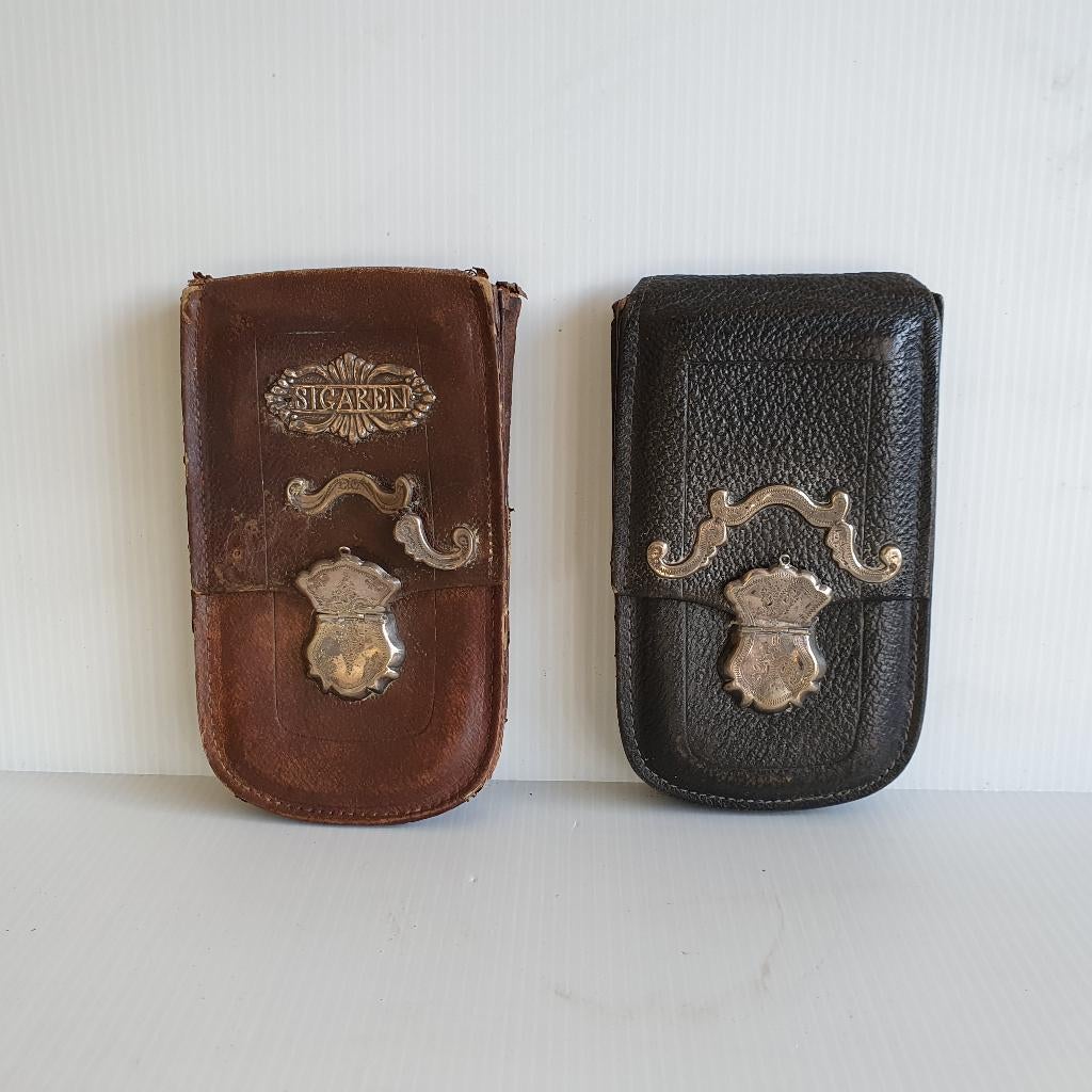 Sigaren etui - leder met zilveren montuur - 2 stuks, Ophalen of Verzenden, Zilver