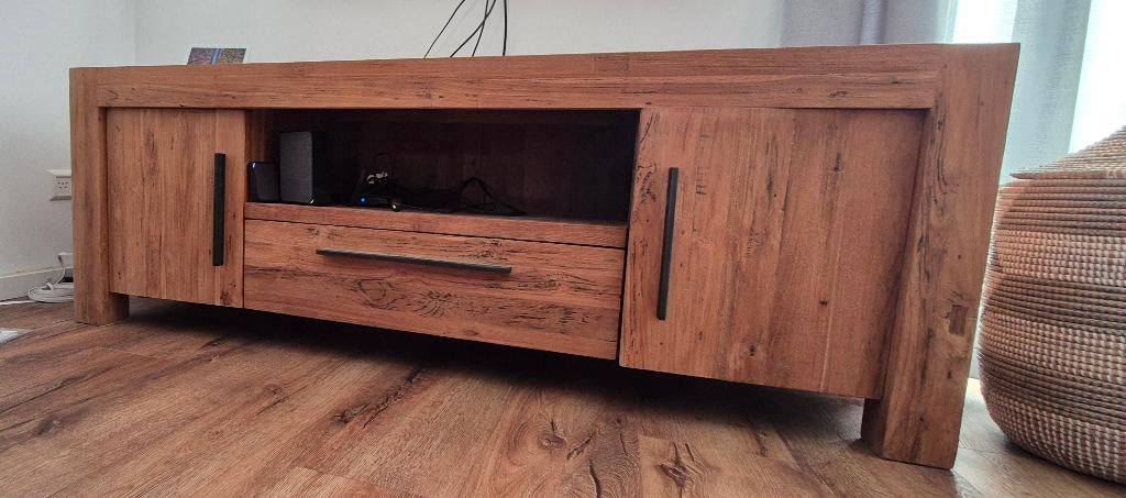 Tv meubel teakhout rough mix, Ophalen, 150 tot 200 cm, Teakhout, Zo goed als nieuw