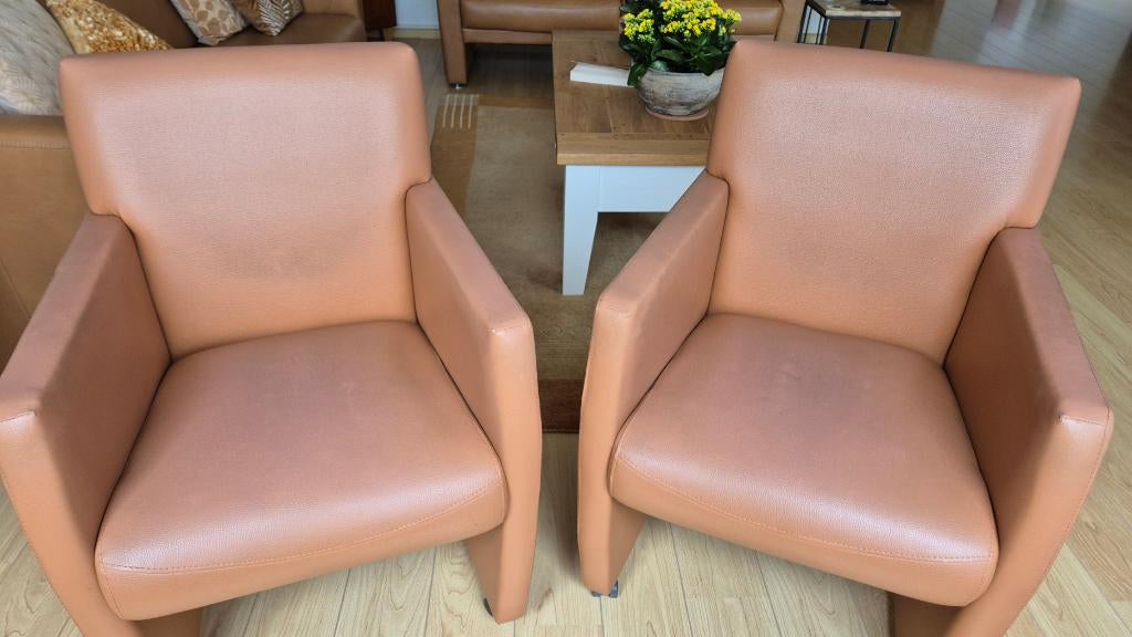 Twee eetkamerfauteuils in cognac kleur, Huis en Inrichting, Stoelen, Ophalen, Overige materialen, Gebruikt, Twee