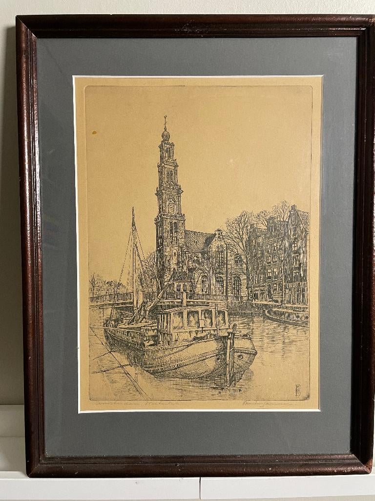 Westerkerk Amsterdam - ets van Marius Janssen, Antiek en Kunst, Kunst | Etsen en Gravures, Ophalen of Verzenden