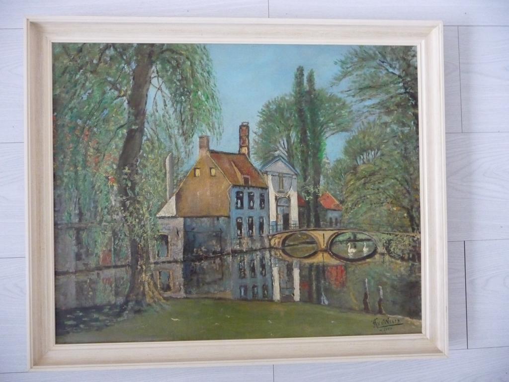 schilderij DORPSGEZICHT met BRUG - gesign: H.v.d.WEERD, Antiek en Kunst, Kunst | Schilderijen | Klassiek, Ophalen