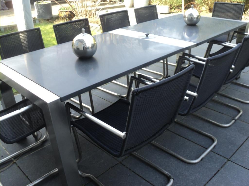 Prachtige RVS tafel met graniet blad en  wijnkoeler in blad, Ophalen, Meer dan 8 zitplaatsen, Zo goed als nieuw, Rvs