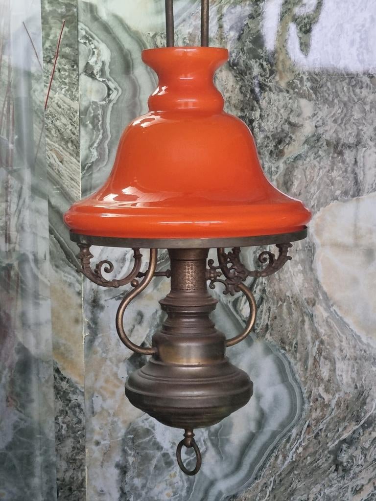 Vintage hanglamp met oranje glazen kap, Ophalen of Verzenden