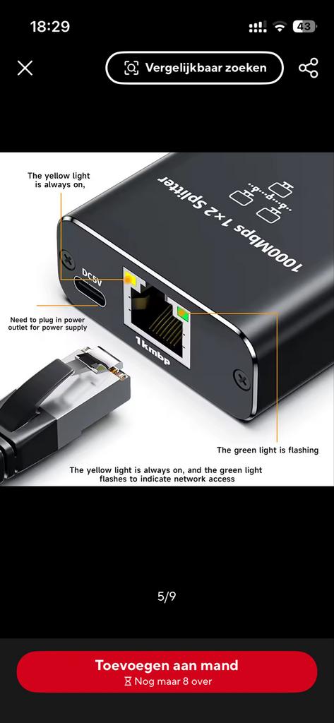 Ethernet Splitter - 1 naar 2, Ophalen of Verzenden, Nieuw