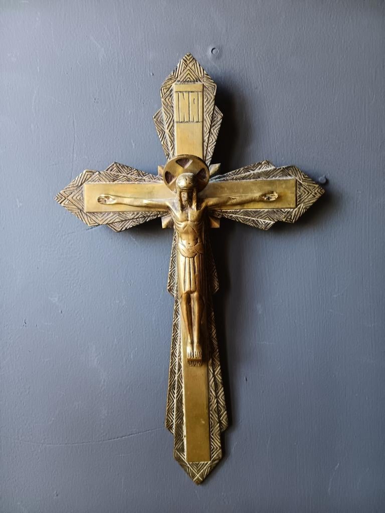 Art Deco religieus kruis, messing, gegraveerd, Ophalen of Verzenden