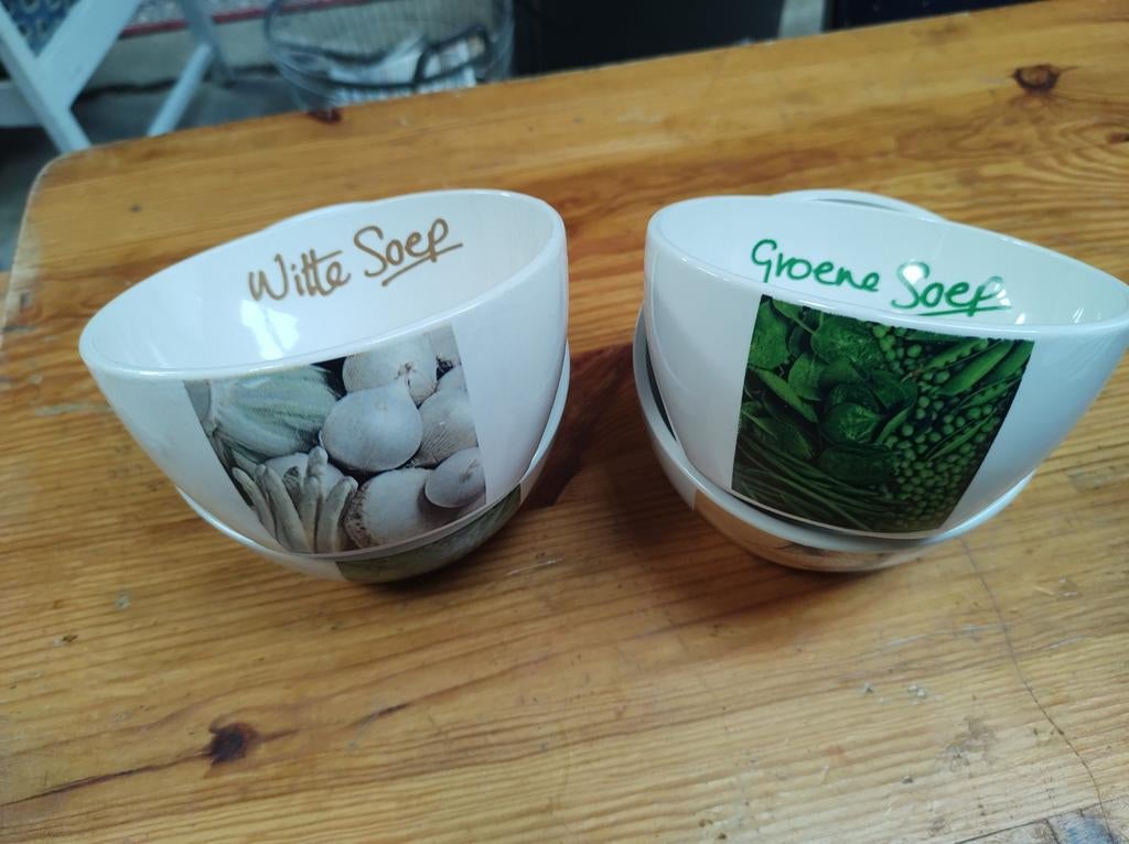 4 Vintage Soepkommen van Knorr, Opschrijft bv. Groene soe, Huis en Inrichting, Keuken | Servies, Kom(men), Overige stijlen, Ophalen of Verzenden