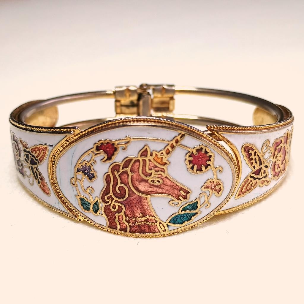 Vintage armband email cloisonné eenhoorn wit roze jaren  '80, Verzenden, Gebruikt, Wit, Overige materialen