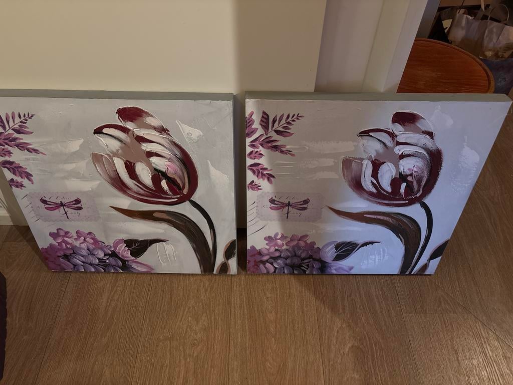 Twee olieverf schilderijen met tulpen, Ophalen, Zo goed als nieuw