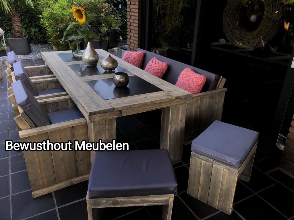 ACTIE!!Tuinset Stone van steigerhout. Tuintafel met stoelen!, Steigerhout, Ophalen of Verzenden, Zo goed als nieuw, Bank