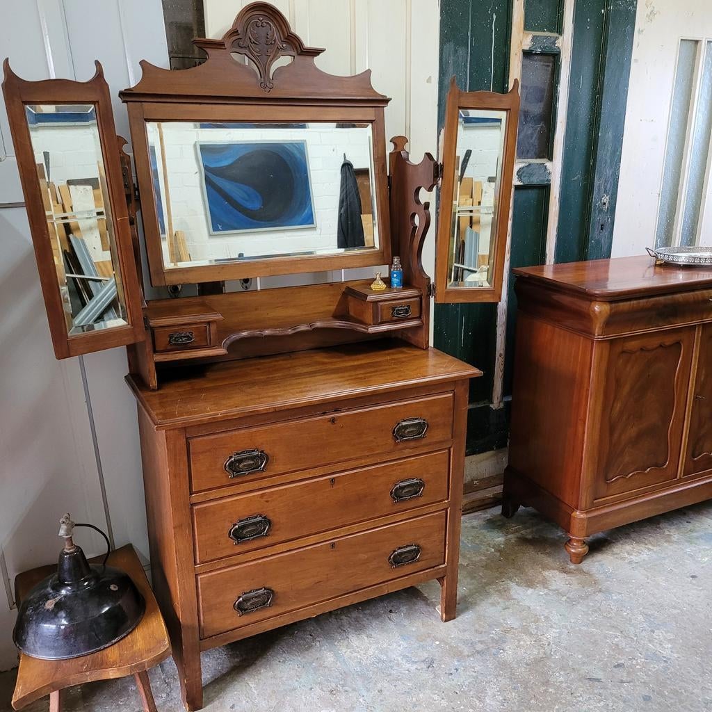 Brocante vintage oude kaptafel commode ladekast met spiegel, Ophalen