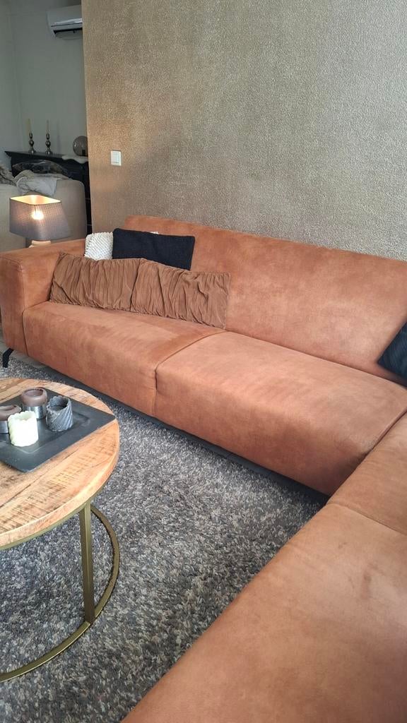 Hoekbank roodbruin suedine 200x220 cm, Huis en Inrichting, Banken | Bankstellen, Gebruikt, Hoekbank, Vierpersoons of meer, 200 tot 250 cm