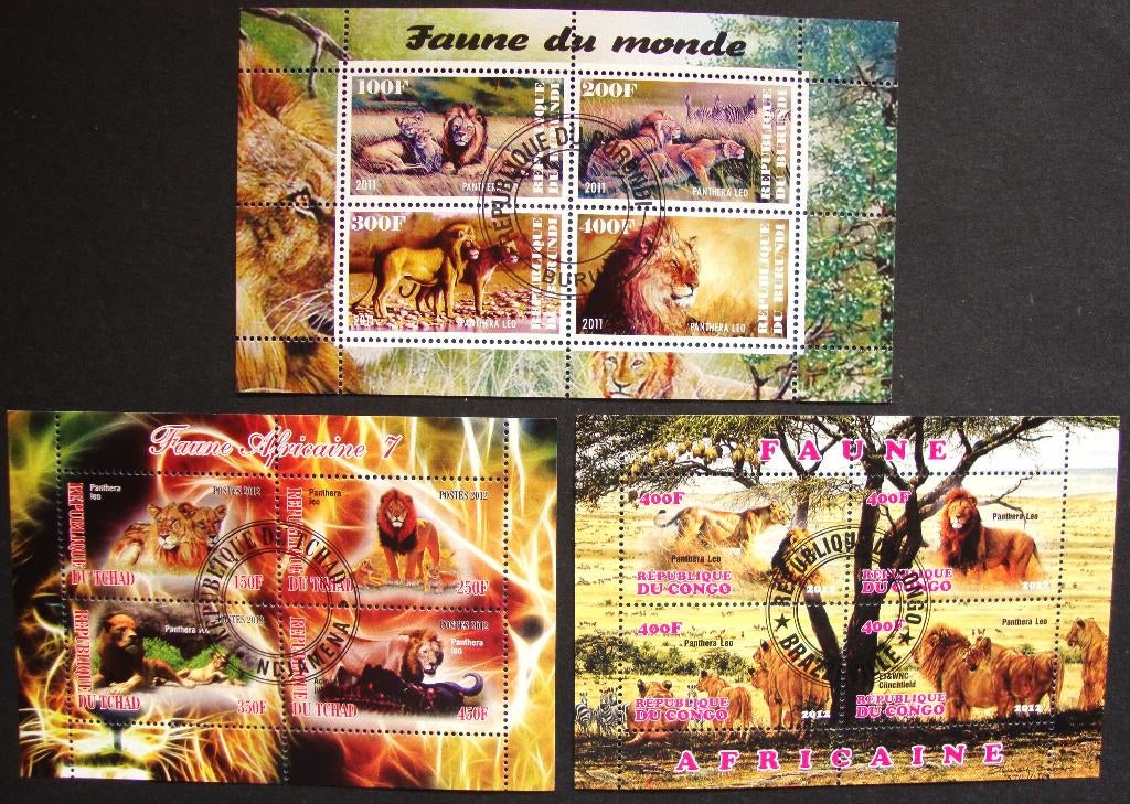 - 757 - 3 Blokjes met Leeuwen., Verzenden, Gestempeld, Dier of Natuur