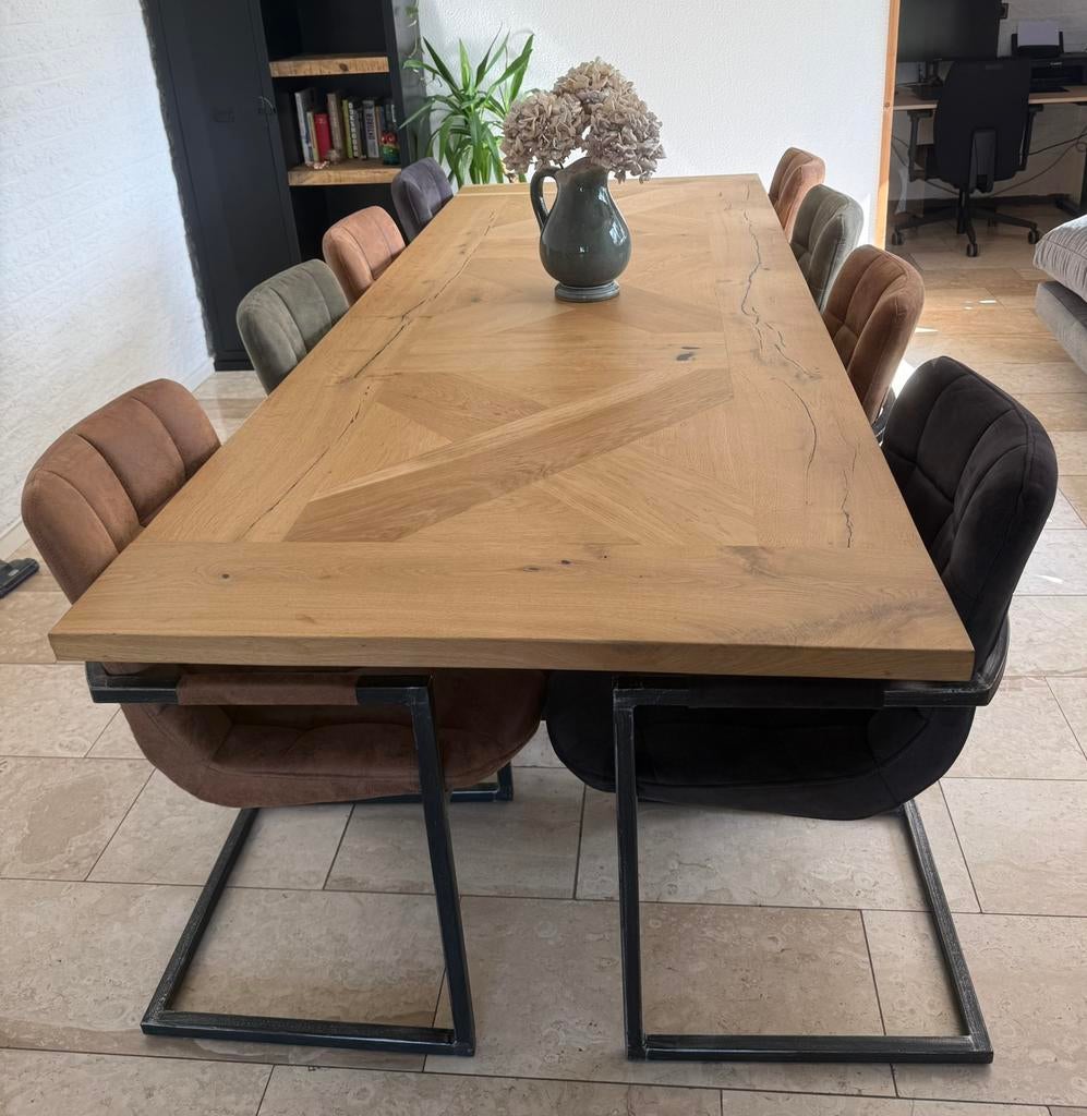 Massieve eikenhout tafel 260x100 + 8 stoelen, Huis en Inrichting, Tafels | Eettafels, Ophalen, Eikenhout, 200 cm of meer, 50 tot 100 cm