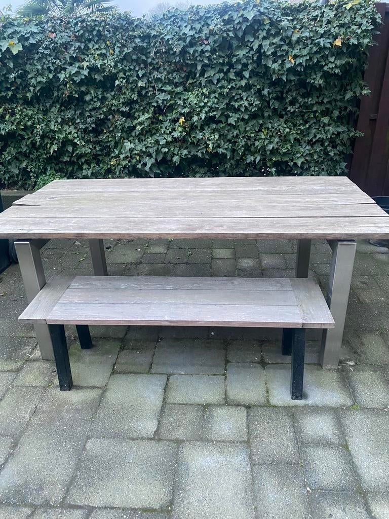 Tuintafel met bankje, Tuin en Terras, Tuintafels, Gebruikt, Rechthoekig, Hout, Ophalen