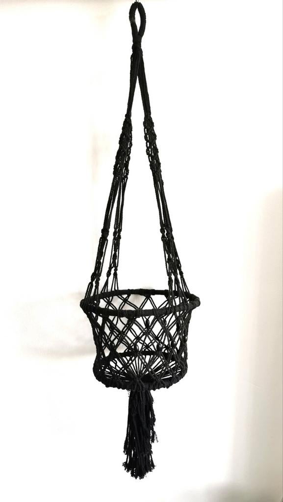Macrame plantenhanger retro vintage zwart touw met kralen, Verzenden, Halfschaduw