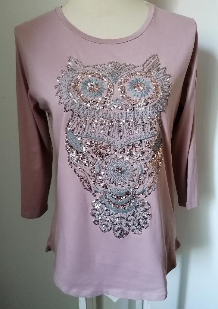 SUPER GAAF oudroze t-shirt met uil van vele pailletjes mt. M, Kleding | Dames, Maat 38/40 (M), Nieuw, Ophalen of Verzenden, Lange mouw