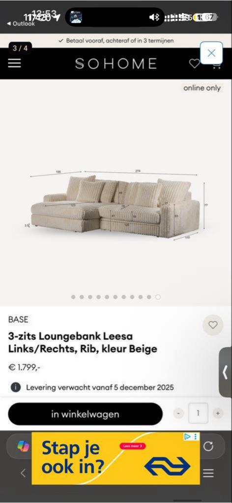 2x Leesa Loungebanken - Beige Ribstof, Huis en Inrichting, Banken | Bankstellen, Ophalen, 100 tot 125 cm, Hoekbank, 300 cm of meer