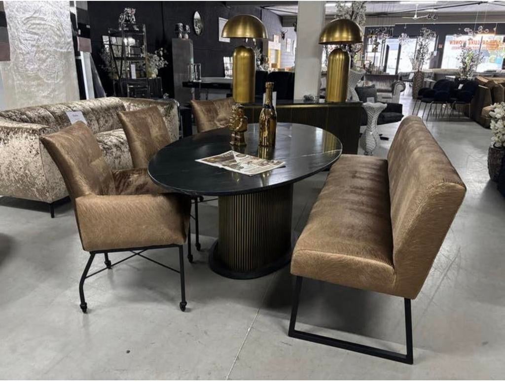 Luxe Eettafel Set: Tafel, 2 Stoelen & Eetbank, Ophalen, Zo goed als nieuw, Stof