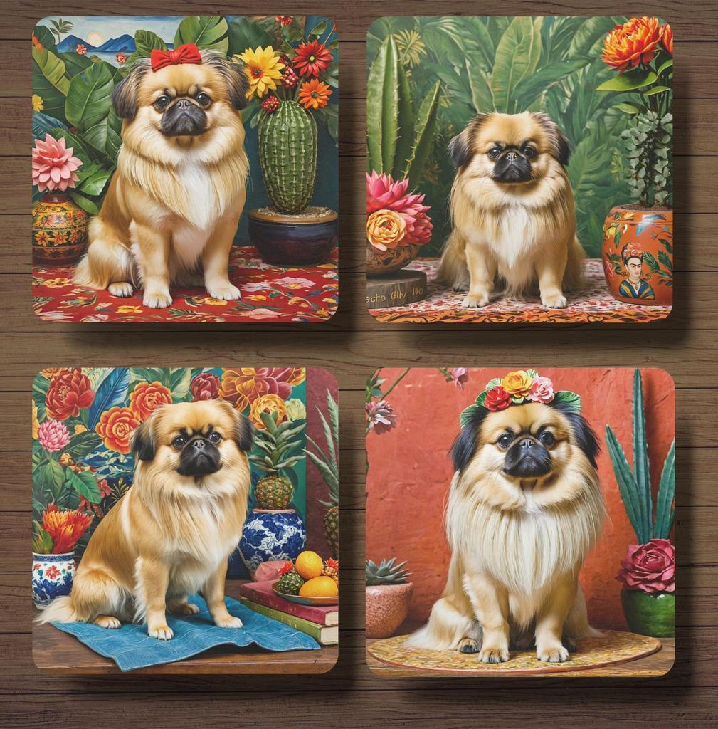 Pekinees Frida Kahlo onderzetters met houder, Huis en Inrichting, Ophalen of Verzenden, Nieuw, Glas of Kopje