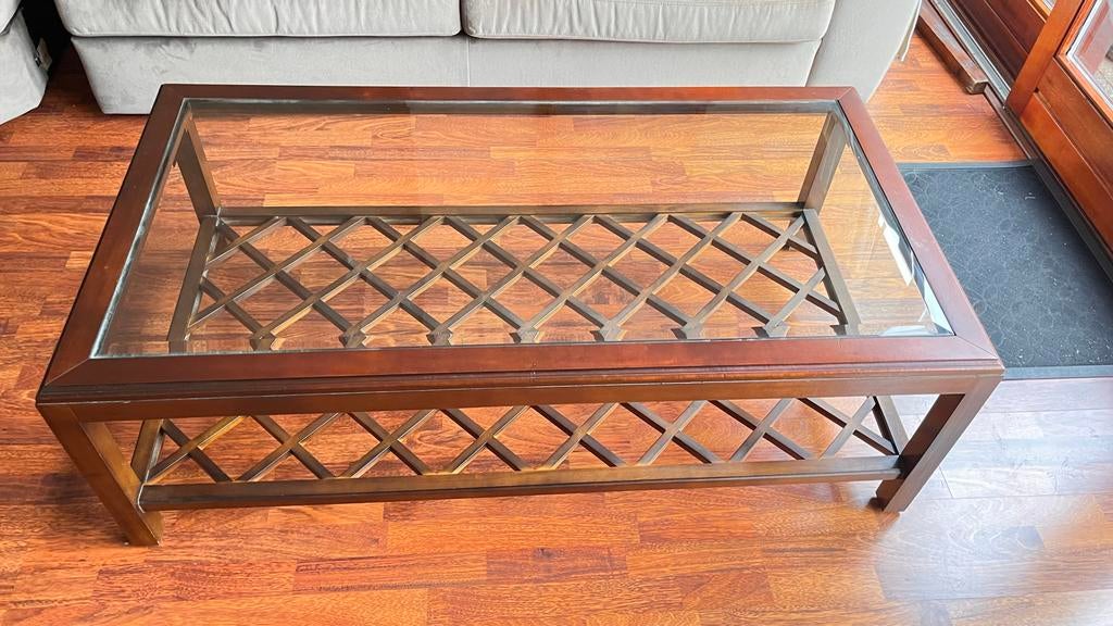 Rofra Salontafel met Glasplaat en Houten Onderstel, Huis en Inrichting, Ophalen, Gebruikt, 100 tot 150 cm, 50 tot 100 cm