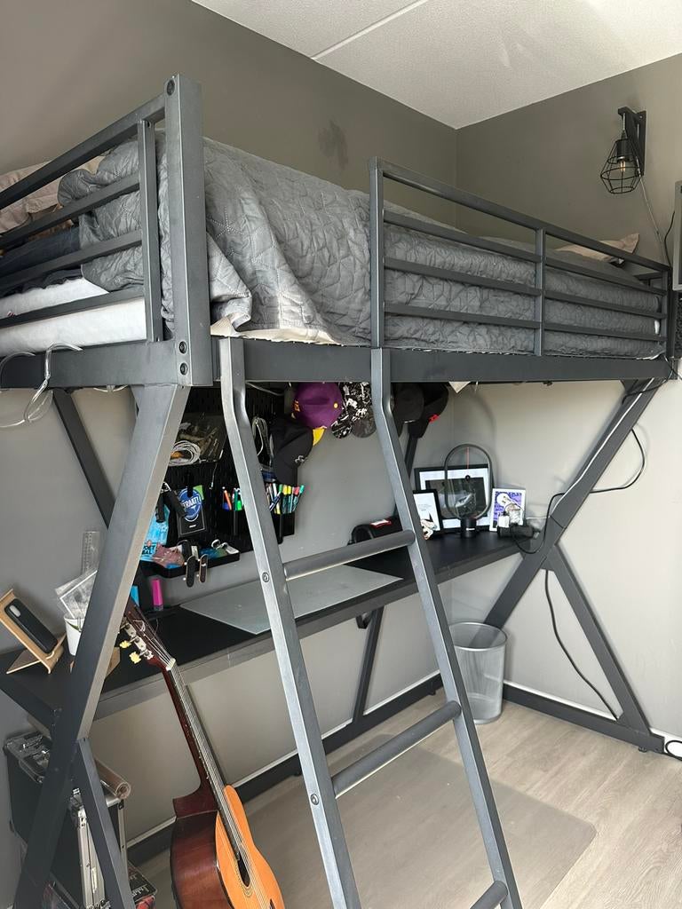 Hoogslaper mat zwart staal 90/200, Ophalen, Eenpersoons, 210 cm, 160 tot 180 cm