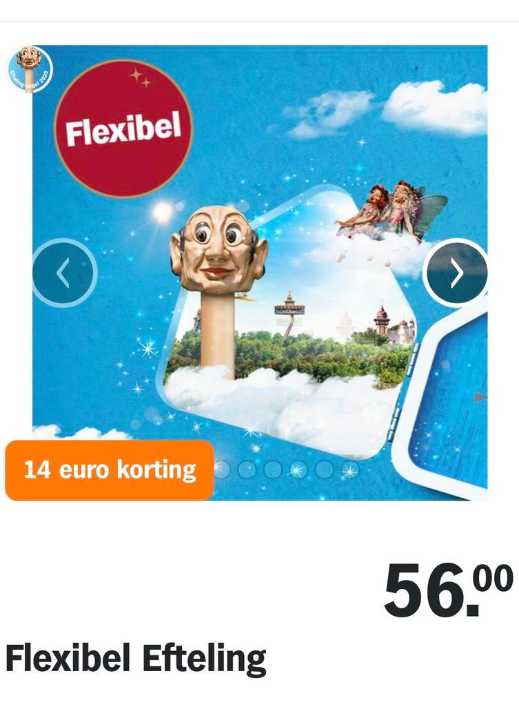 34 kortingskaarten, €14 korting op Efteling toegangskaart, Eén persoon, Kortingskaart