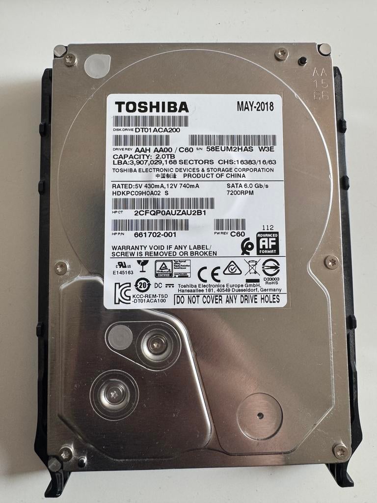 Toshiba 2TB HDD, Computers en Software, Harde schijven, Intern, 2TB, Gebruikt, HDD
