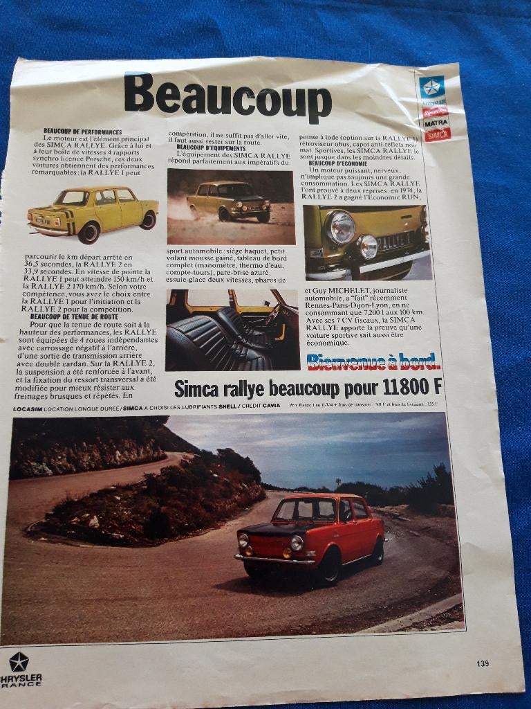 Simca 1000 Rallye 1 en Rallye 2 - originele advertentie, Ophalen of Verzenden, Zo goed als nieuw, Auto's