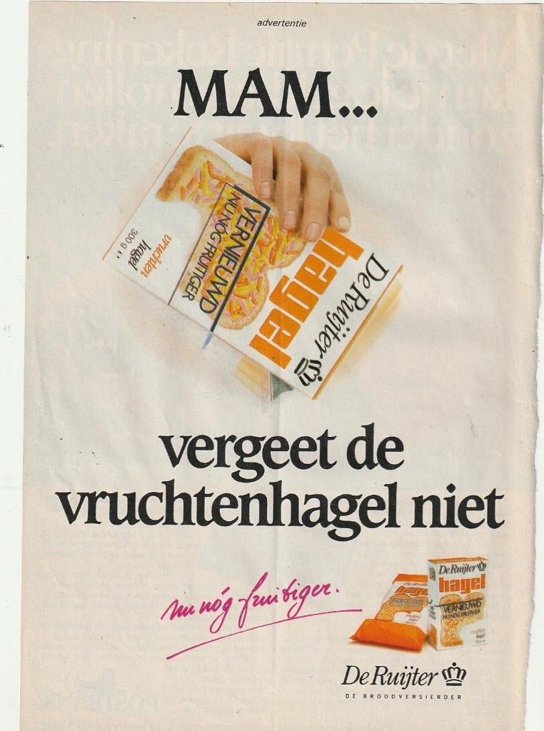 Retro reclame 1987 De Ruijter vruchtenhagel niet vergeten, Verzenden, Overige typen