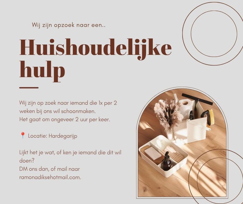 Schoonmaakhulp gezocht in Hardegarijp, Overige uren, Overige niveaus, Vanaf 1 jaar, Overige vormen