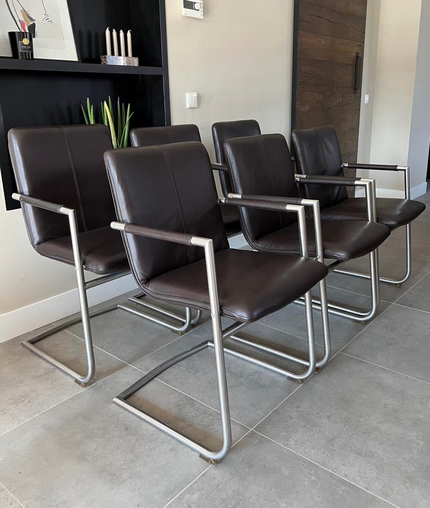 4/6 bruin lederen Henders en Hazel design eetkamerstoelen, Ophalen, Bruin, Niet opgegeven, Zo goed als nieuw