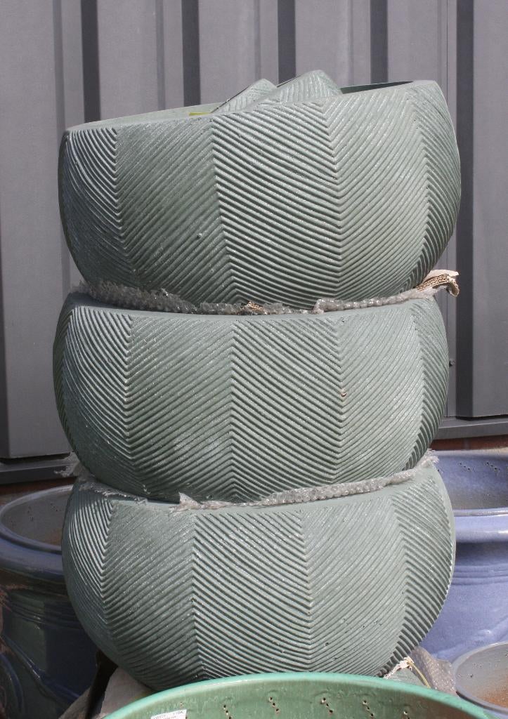 Ronde bloempotten plantenschaal grijs olijfgroen visgraat, Ophalen, Overige materialen, 40 cm of meer, Rond