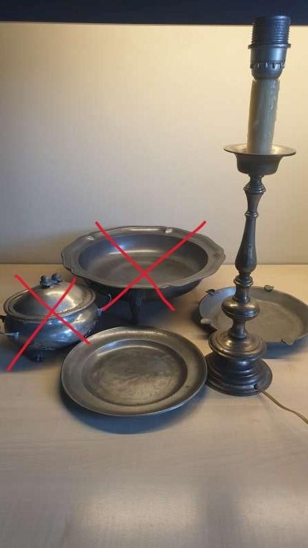 3 tinnen objecten : sierbord, asbak, voet lampadaire, Ophalen of Verzenden