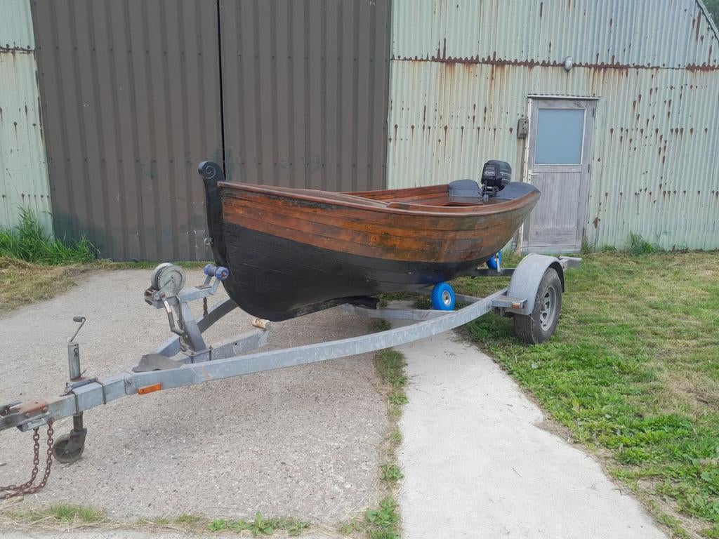 Prachtige eikenhouten reddingssloep met motor en trailer, Watersport en Boten, Ophalen, Gebruikt, Tot 10 pk, Hout