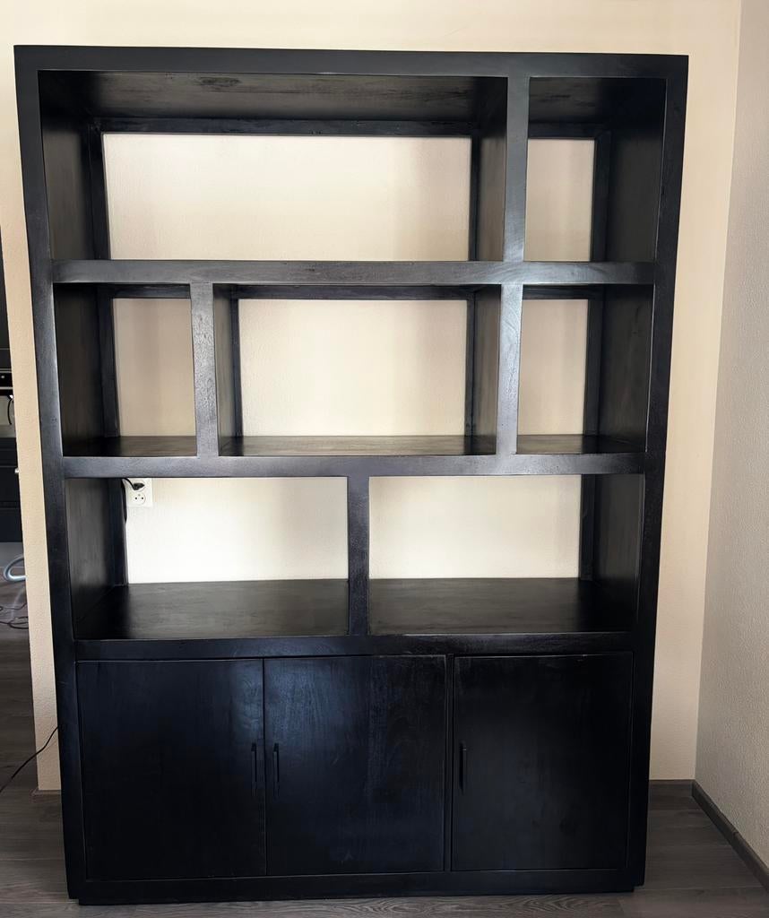 Mangohouten vakkenkast zwart, Ophalen, Met plank(en), 200 cm of meer, 150 tot 200 cm