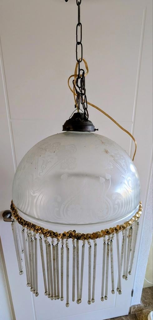 Antieke hanglamp glazen kap pegels, Antiek en Kunst, Ophalen