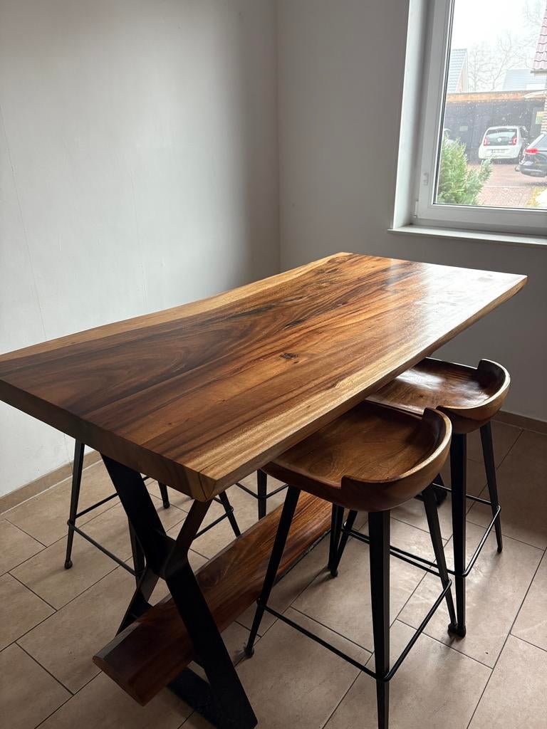 Bar Tafel , Bartafel 4x Barkruken Suar Hout, Ophalen, 50 tot 100 cm, Zo goed als nieuw, 150 tot 200 cm