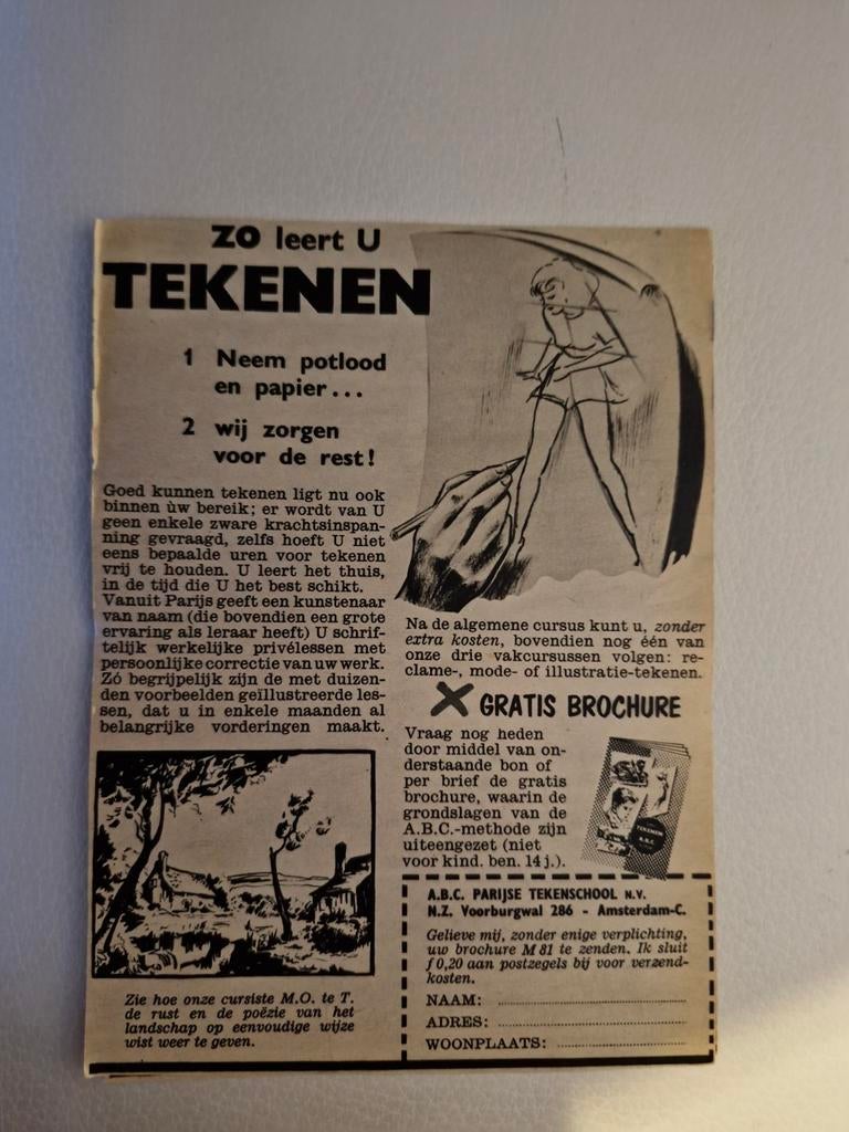 Oude reclame advertenties tekenen A.B.C. Parijse Tekenschool, Verzamelen, Tijdschriften, Kranten en Knipsels, Ophalen of Verzenden